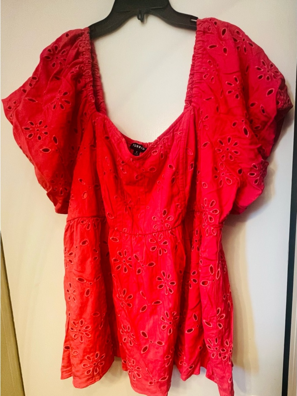 Torrid Coral Eyelet Peasant Top